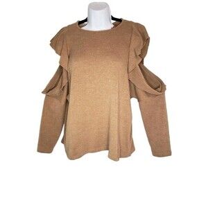 Zara W/B Collection Woman's Ruffle-Sleeve Cold Shoulder Sweater Tan (Size L)